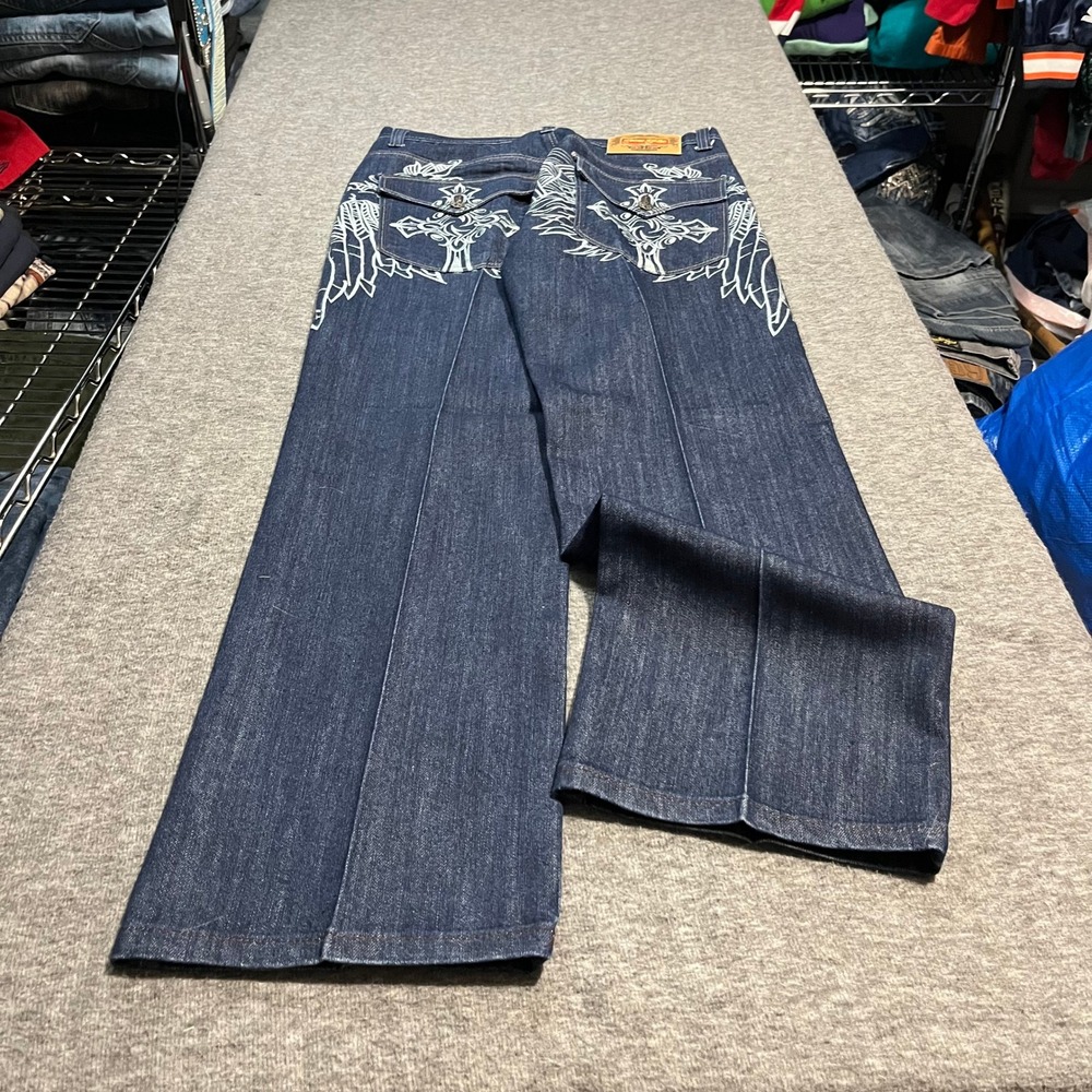 Raw Blue Mens 32x34 Baggy Embroidered Cross Wings Y2K Dark Wash Jeans Denim